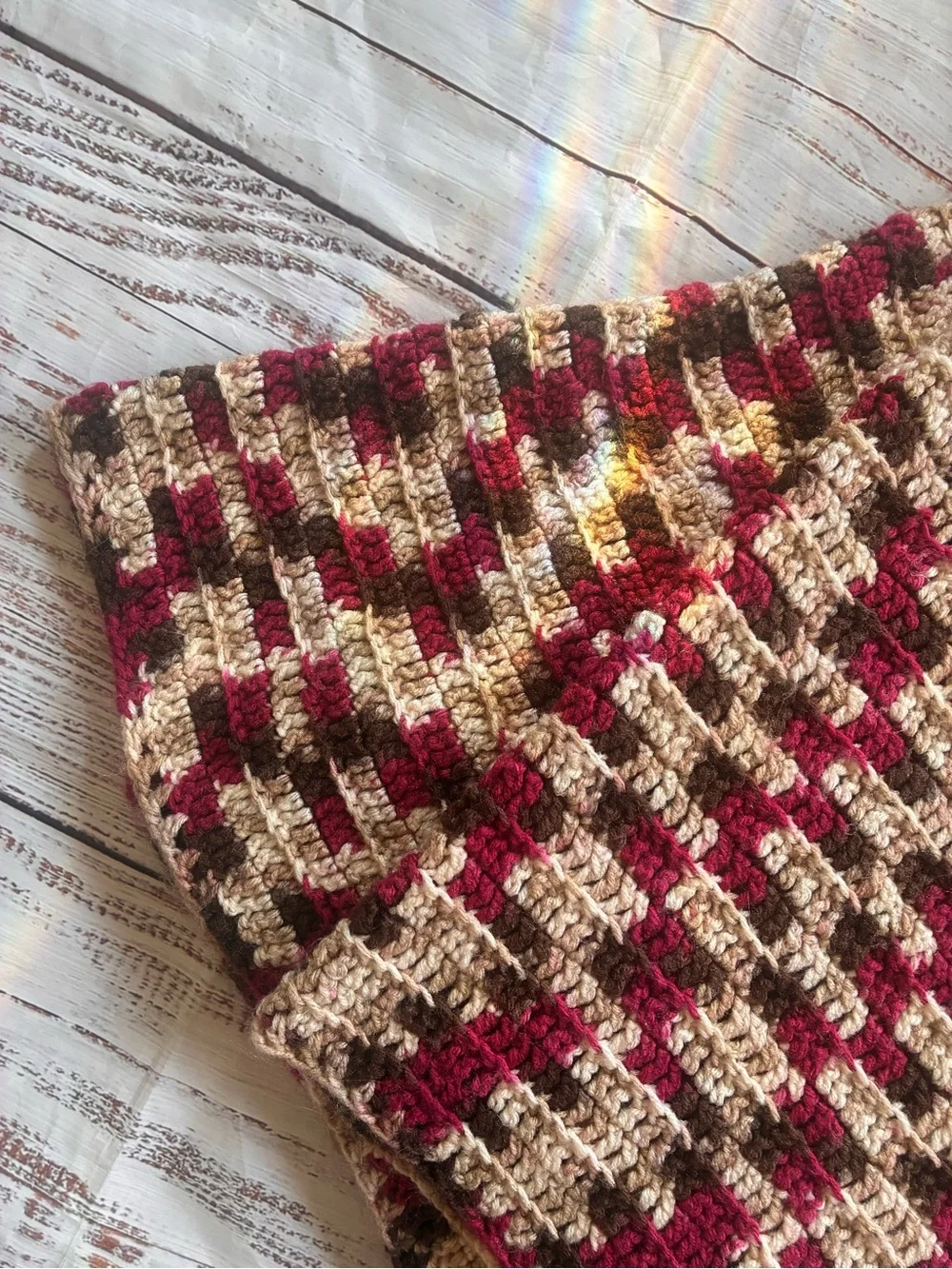 Handmade Crocheted Scarf in Cream, Brown & Red 60” x 60”